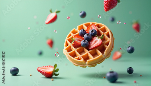 Bubble waffle dessert with sliced strawberries and blueberries floating in the air against a muted teal-green background, delightful culinary concept. photo