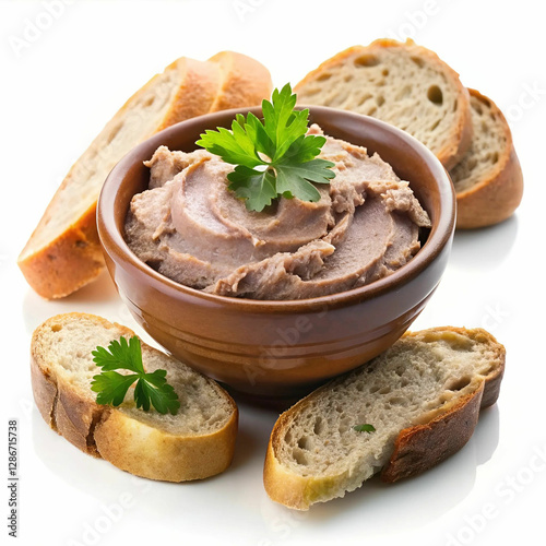 A delicious bowl of pate accompanied by slices of bread