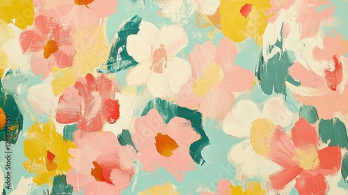 A vibrant floral painting featuring pink, yellow, and white blossoms against a soft blue background.