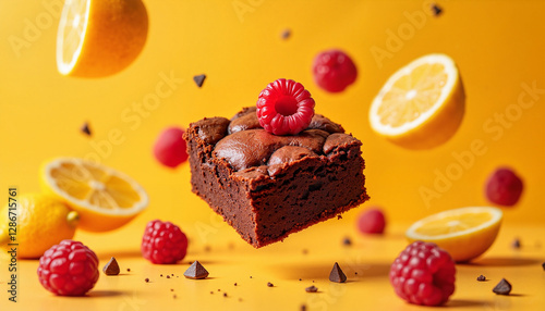 Fudgy brownie dessert floating in mid-air with citrus slices and raspberries against a warm amber background, vibrant culinary delight.