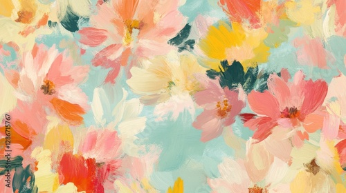 A vibrant floral background featuring soft pinks, yellows, and whites in an impressionistic style.