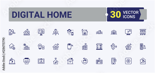 Set of Digital Home line icons. Contains linear outline icons like smart, shape, automation, garage, management, architecture. Outline symbol collection. Vector outline and solid icons collection.