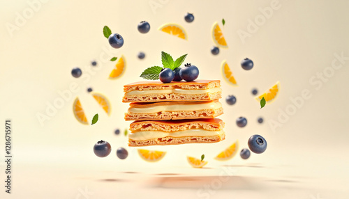 Exquisite mille-feuille vanilla slice floating with blueberries and tropical fruit slices against a light ivory background, elegant dessert concept, French dessert