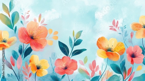 Vibrant watercolor floral arrangement featuring orange and yellow blossoms against a soft blue background.