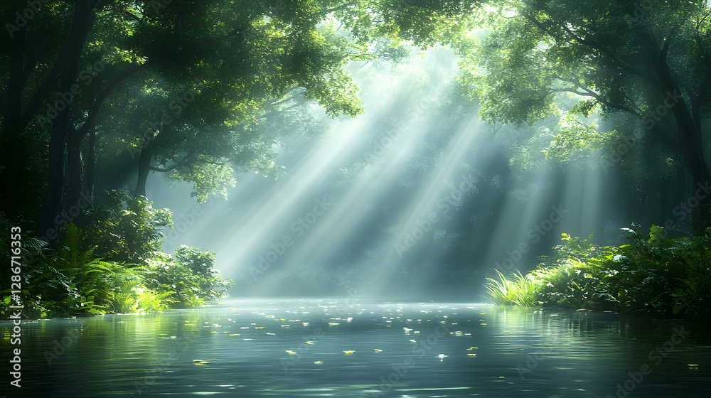 Sunlight streams through lush forest, tranquil river scene. Possible use Nature background, wallpaper, desktop image Sunlight streams through lush forest, tranquil river scene. Possible use Nature background, wallpaper, desktop image