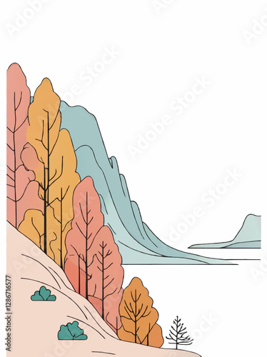 cliffs, trees and lakr cartoon landscape vector with white area for insertion