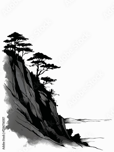 cliffs, trees and ocean black and white landscape ornament with white area for insertion