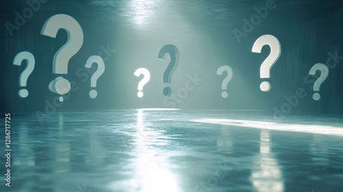 A surreal scene featuring floating question marks in a misty, atmospheric environment, evoking curiosity and mystery.