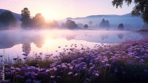 A peaceful meadow at dawn with soft mist, left empty space, light lavender background,generative ai illustration