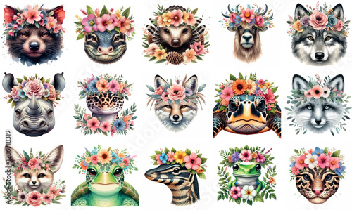 Wallpaper Mural A set of Bulk Floral Crown Art Set with Animal Themes Torontodigital.ca
