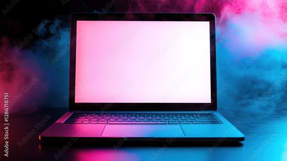 Laptop with Blank Screen Amidst Pink and Blue Colored Smoke Effect Laptop with Blank Screen Amidst Pink and Blue Colored Smoke Effect