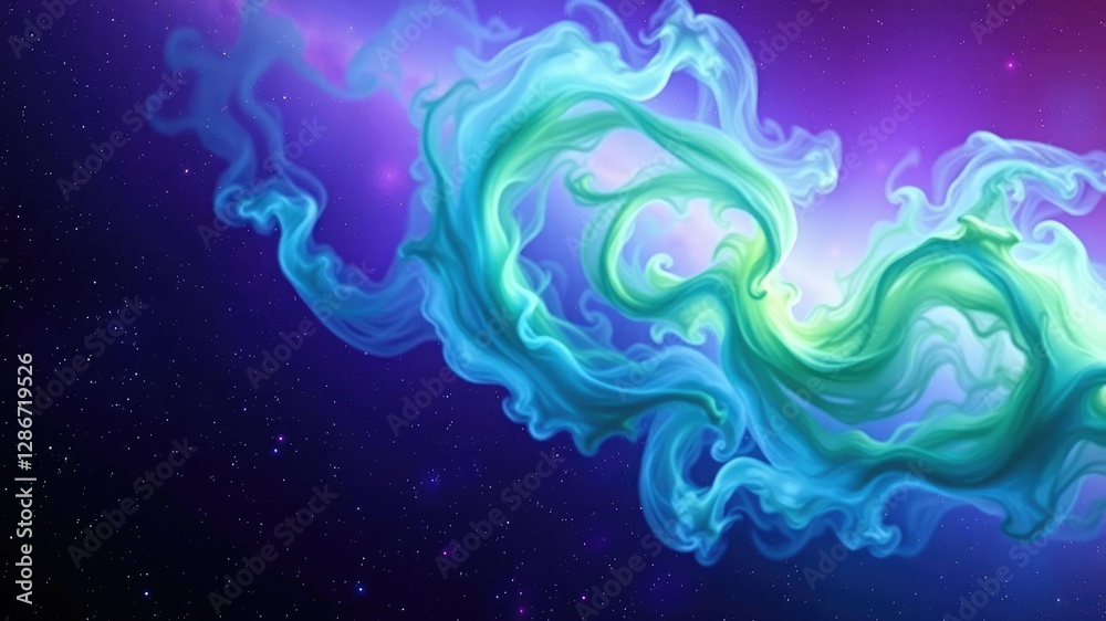Obraz premium Vibrant image of a swirling green and blue gas cloud against a vibrant purple starfield, stargazing backdrop, , cosmic art