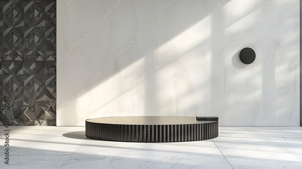 Obraz premium A podium with a minimalist diamond pattern in black and white, placed in a contemporary, open space