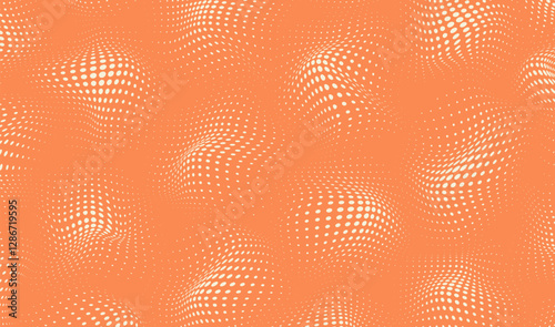 Orange background with dots. Halftone dot pattern. Wavy half tone effect. Spotted optical texture. Futuristic pop art print. Colored banner. Abstract vector illustration.