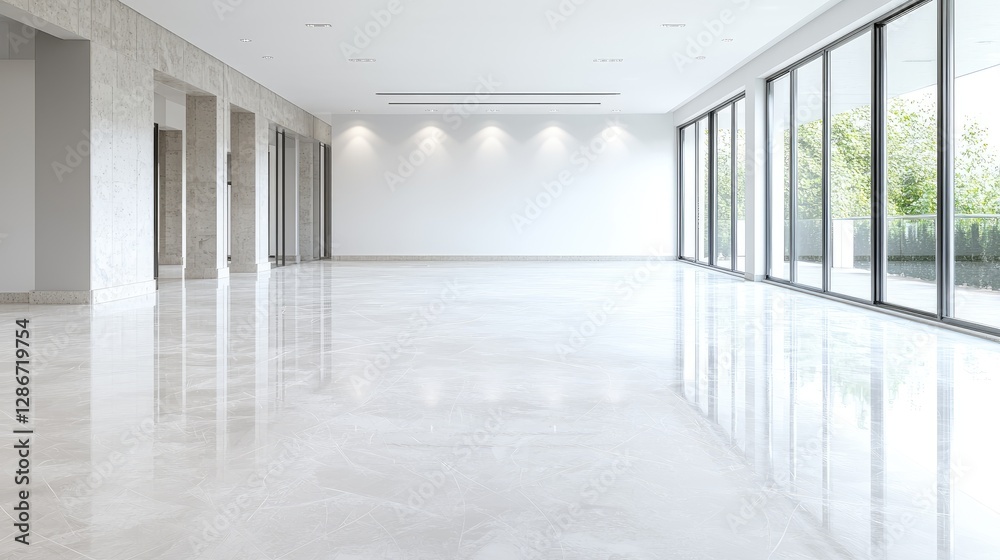 Empty modern office space, large windows, marble floor, green trees outside; real estate Empty modern office space, large windows, marble floor, green trees outside; real estate