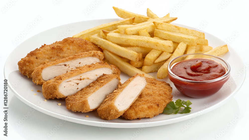 Golden Crisps: Chicken Schnitzel with Fries and Ketchup. Golden Crisps: Chicken Schnitzel with Fries and Ketchup.