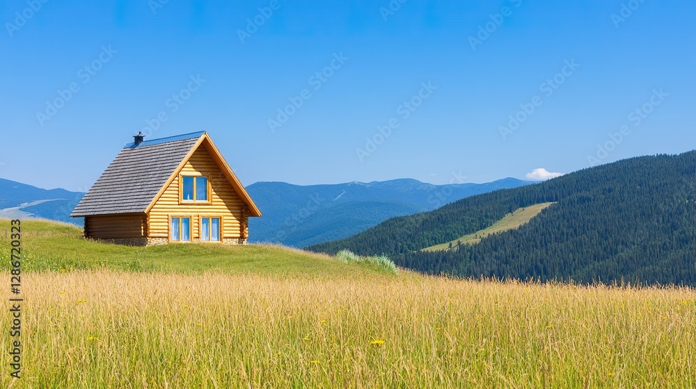 Wooden cabin on grassy hill overlooking scenic mountain landscape under clear blue sky Wooden cabin on grassy hill overlooking scenic mountain landscape under clear blue sky