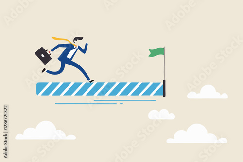 Progress or journey to success or achieve goal, business step or career path, mission or challenge to succeed, improvement concept, ambitious businessman run on progress bar to achieve success flag.