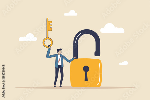 Golden key to unlock, solve business problem, professional to give solutions, success business key or unlock business accessibility concept, smart businessman holding golden key to unlock the pad.