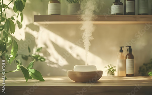 A serene and relaxing atmosphere with an essential oil diffuser releasing fragrant mist amidst plants.