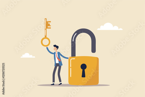 Golden key to unlock, solve business problem, professional to give solutions, success business key or unlock business accessibility concept, smart businessman holding golden key to unlock the pad.