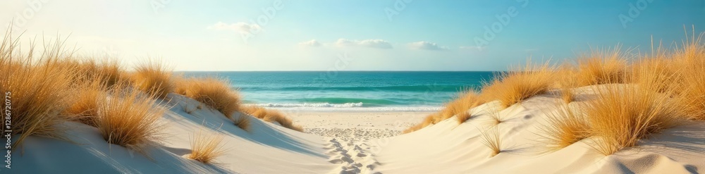 Fototapeta premium Sea oats and sand merge into a single expanse, vast space, coastal landscape, natural hues