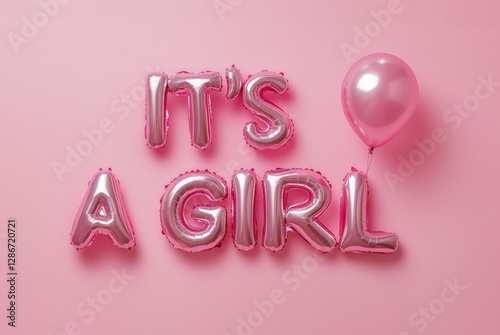 Pink balloon letters spelling 'It's a Girl' on a pastel pink background, perfect for baby shower celebrations and gender reveal events. Generative AI