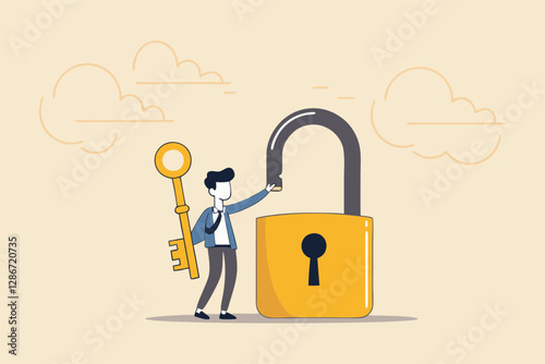 Golden key to unlock, solve business problem, professional to give solutions, success business key or unlock business accessibility concept, smart businessman holding golden key to unlock the pad.