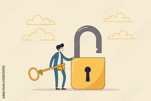 Golden key to unlock, solve business problem, professional to give solutions, success business key or unlock business accessibility concept, smart businessman holding golden key to unlock the pad.