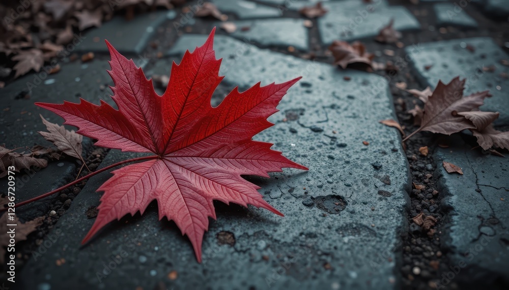 Single Vibrant Red Maple Leaf on Grey Stone Pavement Autumn Fall Season Nature Single Vibrant Red Maple Leaf on Grey Stone Pavement Autumn Fall Season Nature