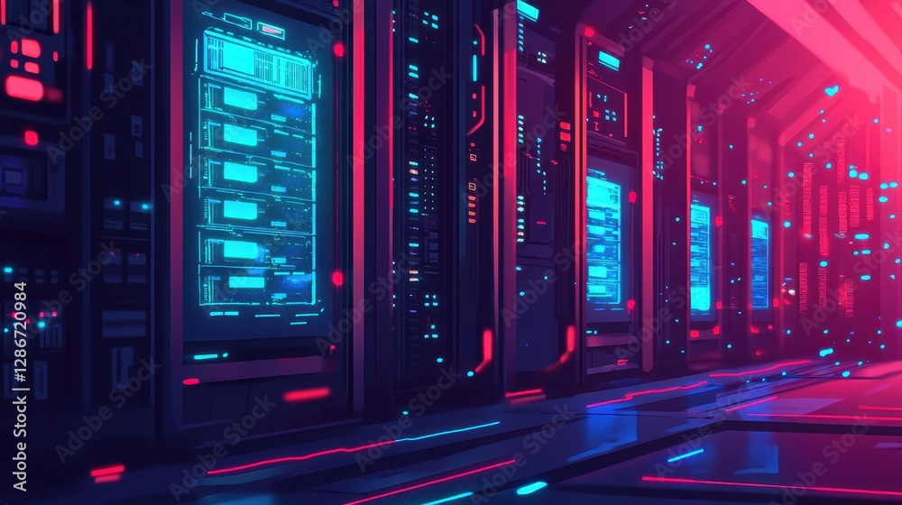 A futuristic data center filled with glowing servers and vibrant neon lights, showcasing advanced technology in a cyberpunk style. A futuristic data center filled with glowing servers and vibrant neon lights, showcasing advanced technology in a cyberpunk style.