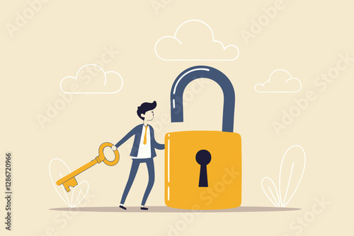 Golden key to unlock, solve business problem, professional to give solutions, success business key or unlock business accessibility concept, smart businessman holding golden key to unlock the pad.