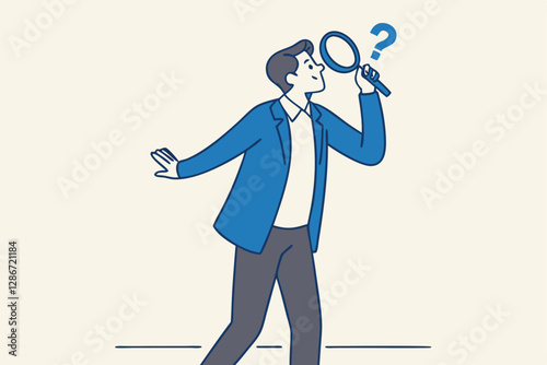 Observation or examination, curiosity to discover secret, search or analyze information, investigate or research concept, curious businessman holding magnifying glass observe data with question mark.