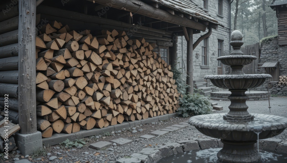 Stacked Firewood Beside Rustic Log Cabin and Stone Fountain A picturesque autumn scene Stacked Firewood Beside Rustic Log Cabin and Stone Fountain A picturesque autumn scene