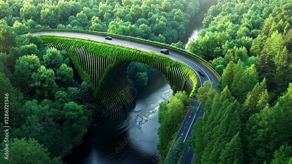 A winding road bridge covered in lush greenery, passing over a river and dense forest.