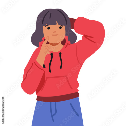 Preteen girl kid cartoon character showcasing decision facial expression thinking of difficulty