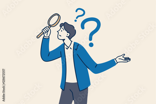 Observation or examination, curiosity to discover secret, search or analyze information, investigate or research concept, curious businessman holding magnifying glass observe data with question mark.