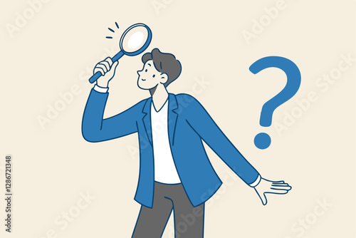 Observation or examination, curiosity to discover secret, search or analyze information, investigate or research concept, curious businessman holding magnifying glass observe data with question mark.