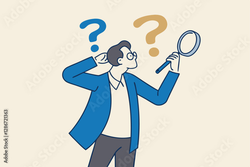 Observation or examination, curiosity to discover secret, search or analyze information, investigate or research concept, curious businessman holding magnifying glass observe data with question mark.