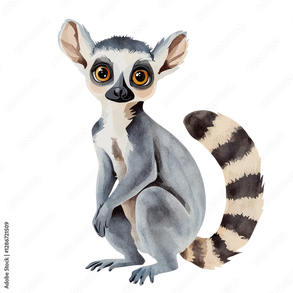 Obraz premium Adorable Lemur Sitting and Posing with Big Eyes and Striped Tail in a Playful Attitude