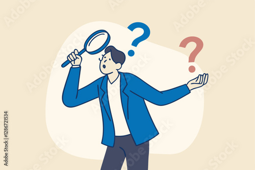 Observation or examination, curiosity to discover secret, search or analyze information, investigate or research concept, curious businessman holding magnifying glass observe data with question mark.