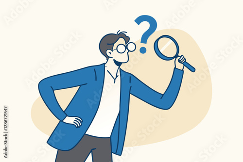 Observation or examination, curiosity to discover secret, search or analyze information, investigate or research concept, curious businessman holding magnifying glass observe data with question mark.