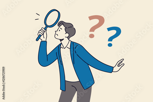 Observation or examination, curiosity to discover secret, search or analyze information, investigate or research concept, curious businessman holding magnifying glass observe data with question mark.