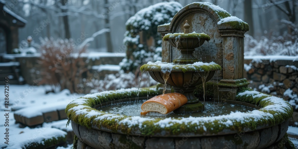 Obraz premium Stone fountain covered in snow and moss with a loaf of bread resting in the water a winter scene
