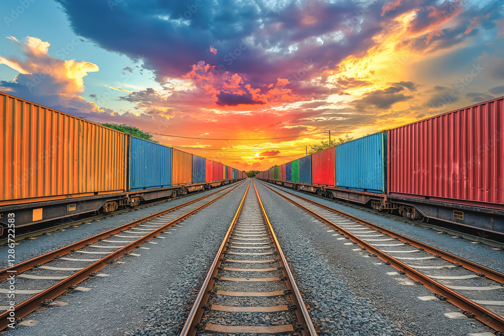 Fototapeta premium Vibrant freight train at sunset with colorful containers on railroad tracks