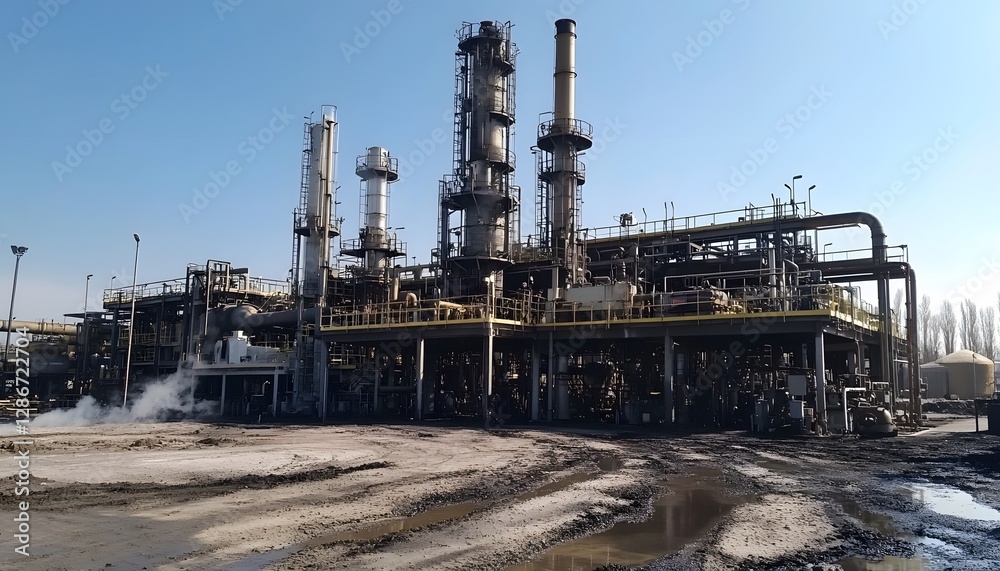 An industrial plant showcasing tall chimneys and complex machinery, emphasizing modern engineering and production processes under a clear blue sky.