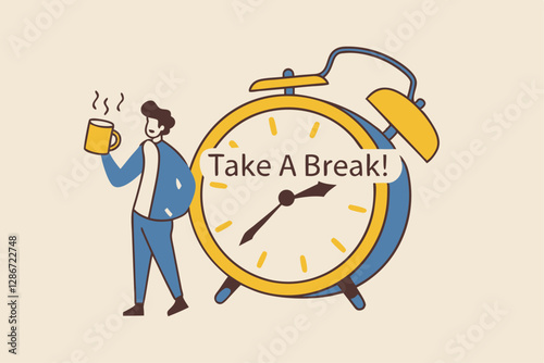 Time to take a break, coffee break time to relax and refresh from long stress interval, free from bored, sleepy and fatigue concept, relax businessman with a cup of coffee or tea with alarm clock.