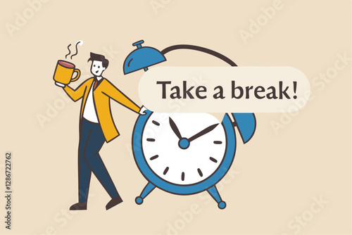 Time to take a break, coffee break time to relax and refresh from long stress interval, free from bored, sleepy and fatigue concept, relax businessman with a cup of coffee or tea with alarm clock.