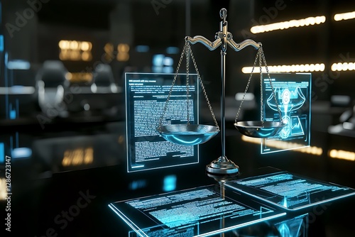 A futuristic legal consultation scene with holographic contracts and balance scales displayed.