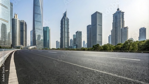 Wide asphalt road stretching through a modern cityscape with sleek skyscrapers and glass towers in the background, highway, concrete highway, urban architecture, urban landscape